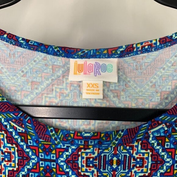 Lularoe Irma Half Sleeve Tunic High Low Polyester Blend Sz XXS Blue Red Diamond - Picture 2 of 7